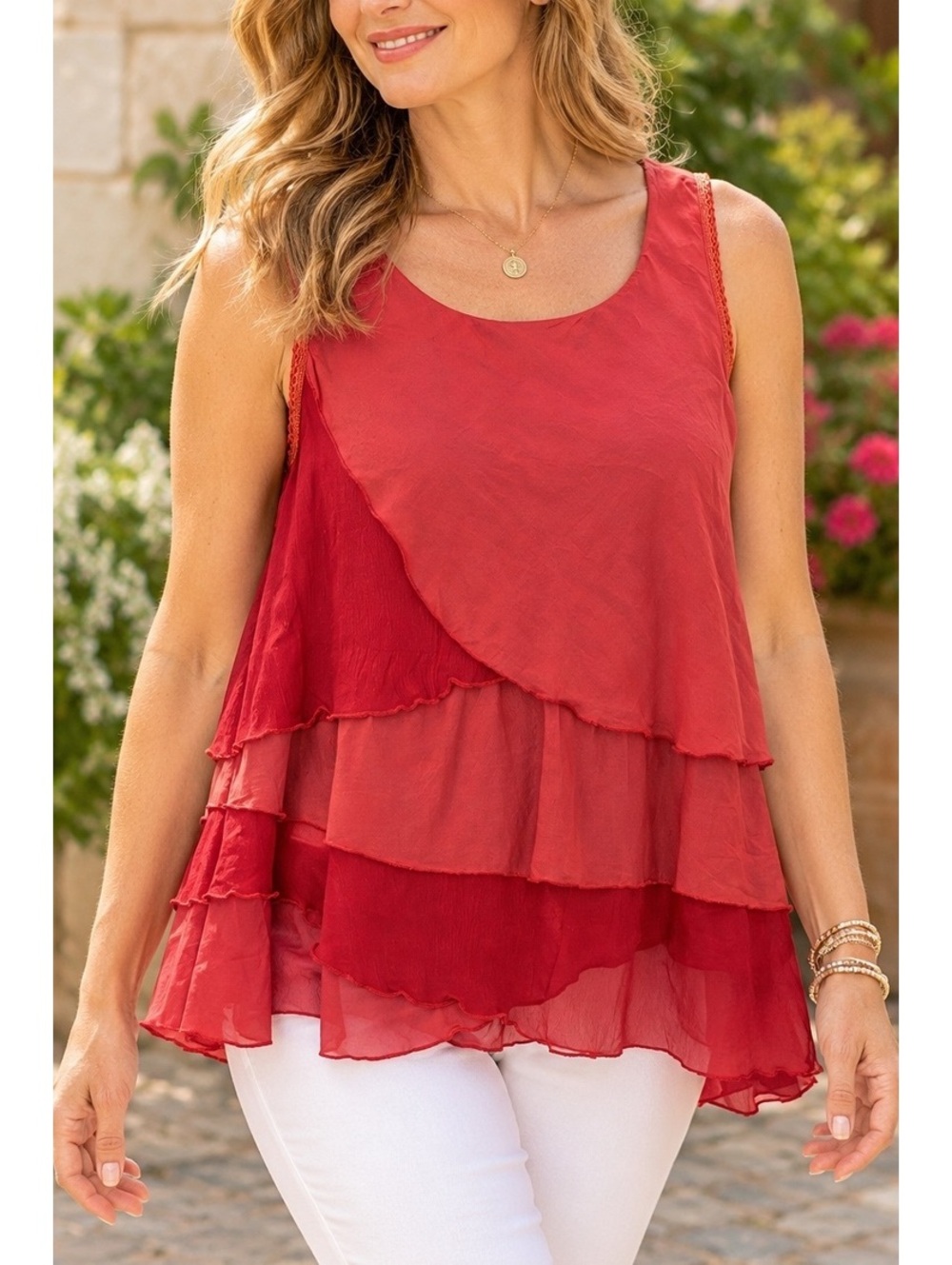 Boo Radley Australia Red Silk Cotton Layered Ruffle Boho Tank Top Size 6